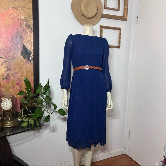 Vintage Ralph Baker Dress Navy Blue Pleated Skirt Chiffon Midi Dres Midi Size 6 - Picture 12 of 16